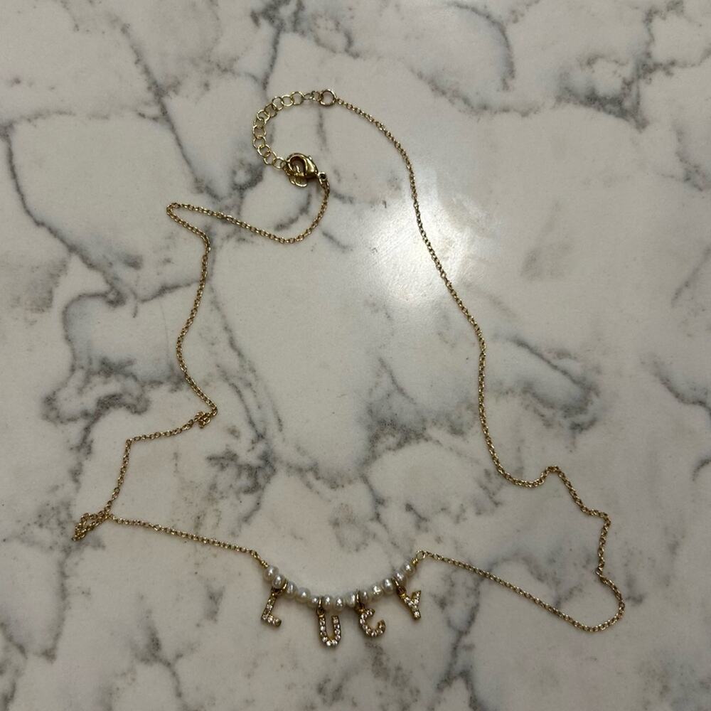 Lucy Name Necklace Gold‎ Toned Faux Pearl